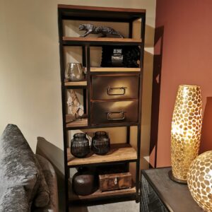 Open vakkenkast erosiehout met 2 metalen lades. Showroommodel!!