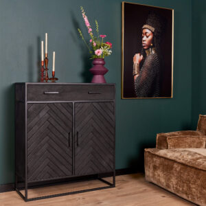 2 deurs kastje - Visgraat mangohout zwart - 100x40x115 cm