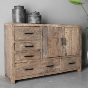 Dressoir primitief oud railway hout 2 deuren en 5 lades