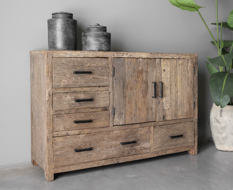 Dressoir primitief oud railway hout 2 deuren en 5 lades