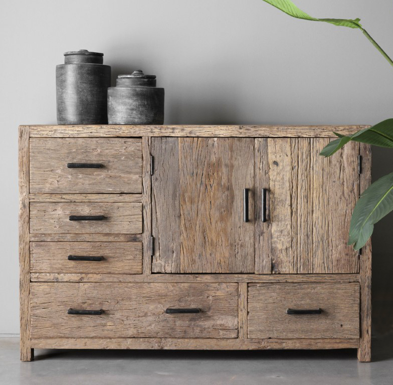 Dressoir primitief oud railway hout 2 deuren en 5 lades - Afbeelding 2