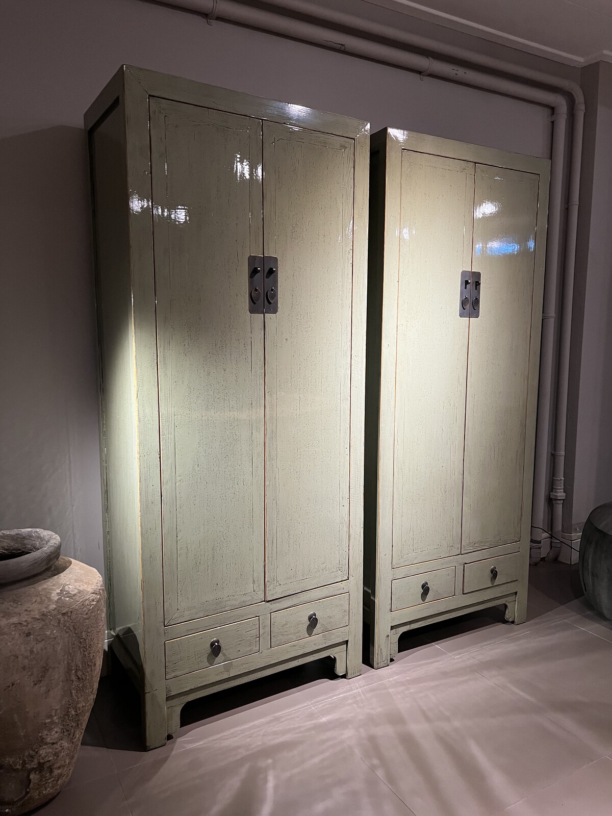 Gelakte Aziatische 2 deurs kast met 2 lades - Hoogglans licht Jade - 75x40x180 cm